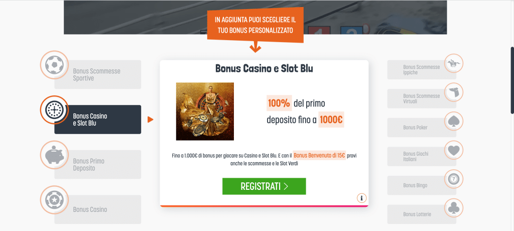 schermata promozione bonus casino e slot blu snai