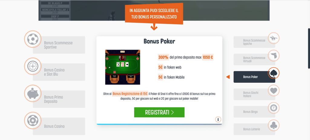 schermata promozione bonus poker snai
