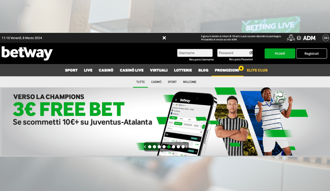 Betway: freebet da 3€ sulla Champions se scommetti 10€ su Juventus-Atalanta