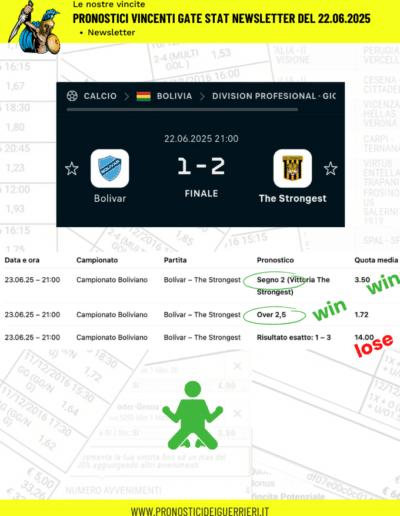 pronostici vincenti newsletter gate stats 22.06.2025 newsletter