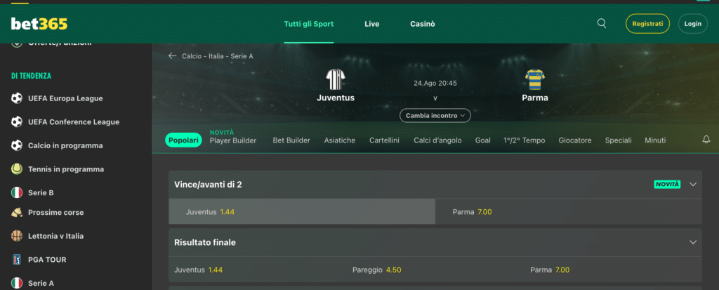 esempio vince avanti 2 bet365 juventus parma