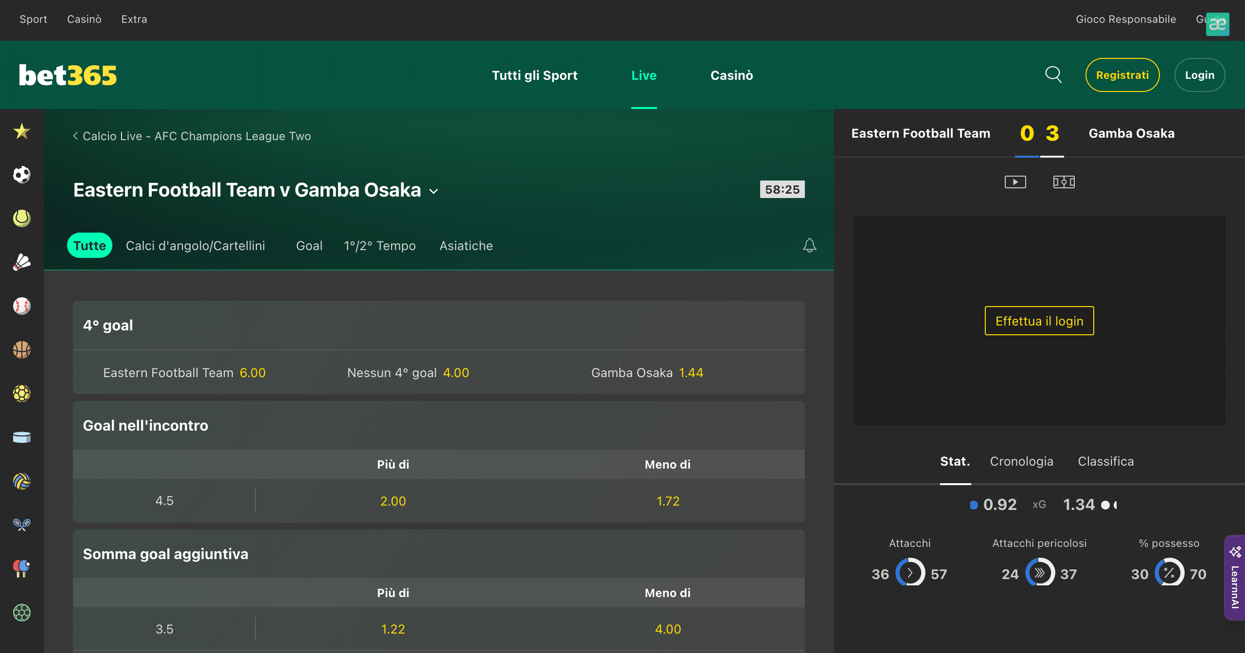 Screenshot live bet 365 (ore 12:15 del 27.11.2025)